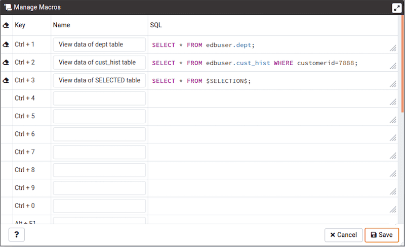 Query tool Manage Macros dialogue