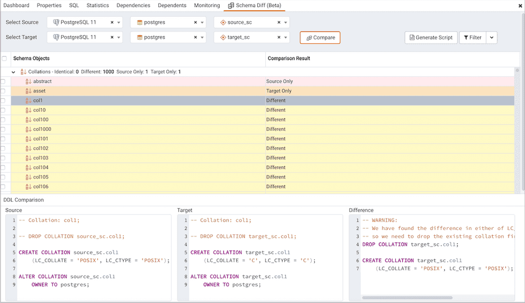 Schema diff DDL comparison