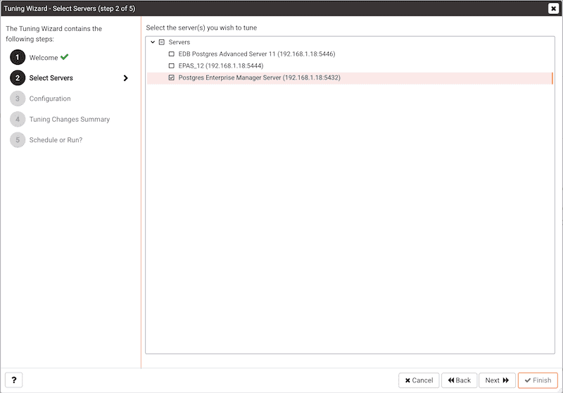 Tuning Wizard - Server Selection page